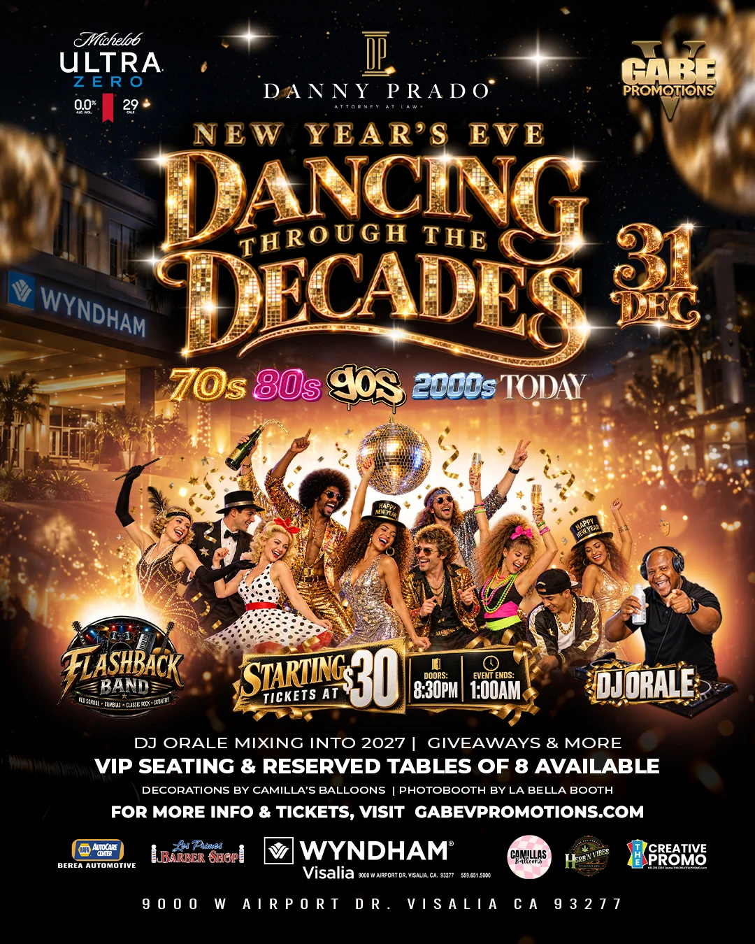Dancing Through the Decades — New Year’s Eve 2027 event artwork